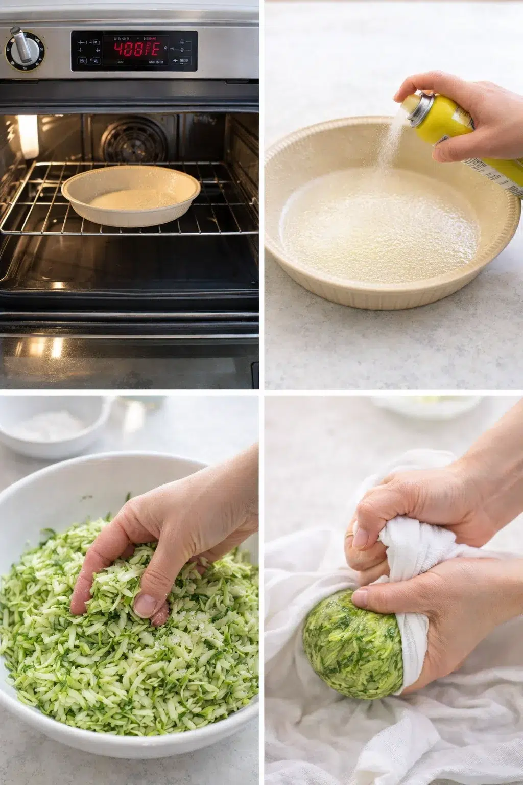 step-process-placeholder-1-4.png Hands twisting a towel filled with shredded zucchini, wringing out liquid over a bowl.