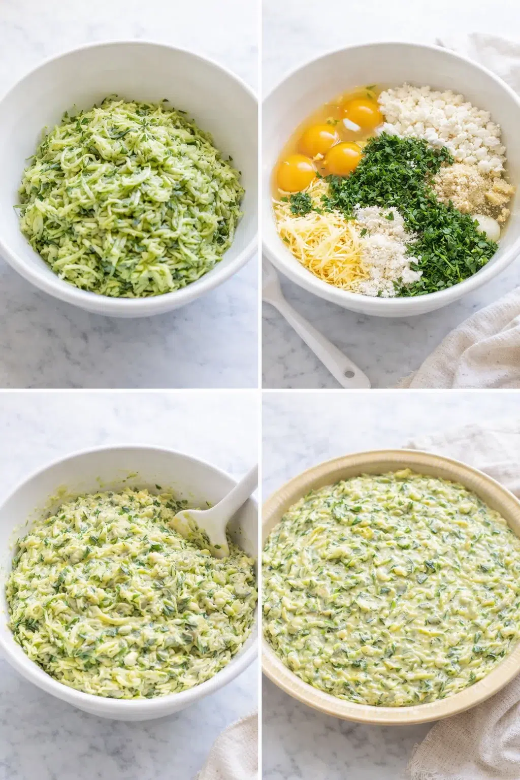 step-process-placeholder-5-8.png Spatula folding egg, cottage cheese, shredded cheese, herbs, and zucchini, being poured into greased pie dish.