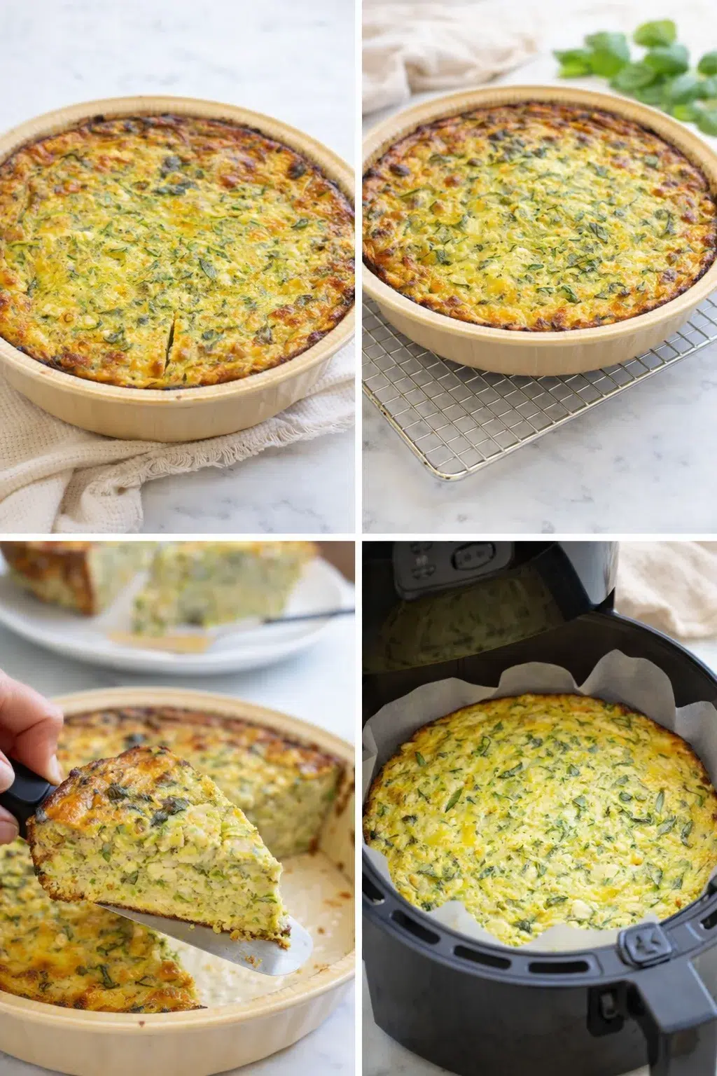 step-process-placeholder-9-12.png Golden set quiche in pie dish with a slice being lifted by a spatula.
