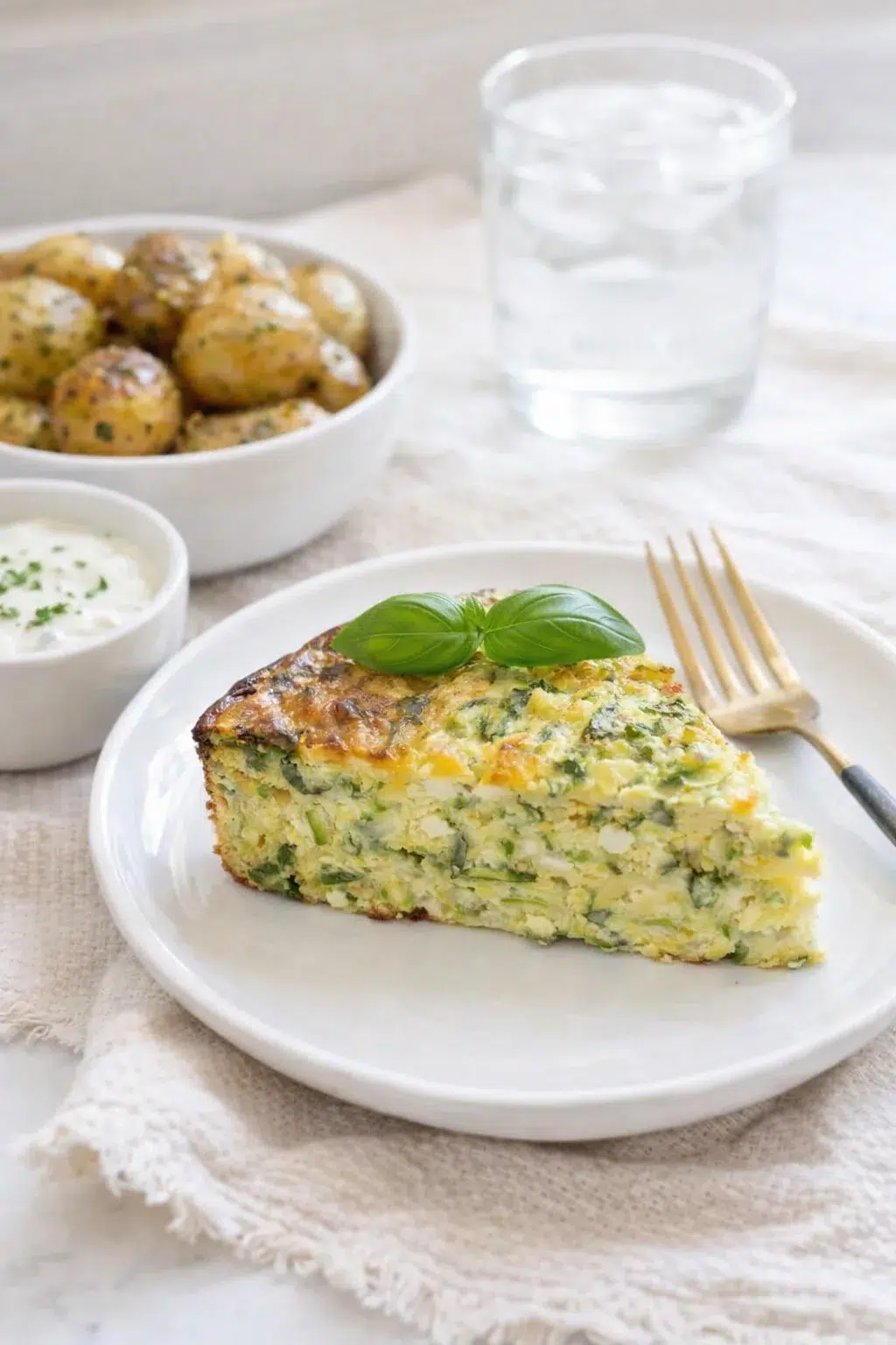 closing_final_dish-placeholder.png Alternative angle of Crustless Cottage Cheese Zucchini Quiche served with a pairing