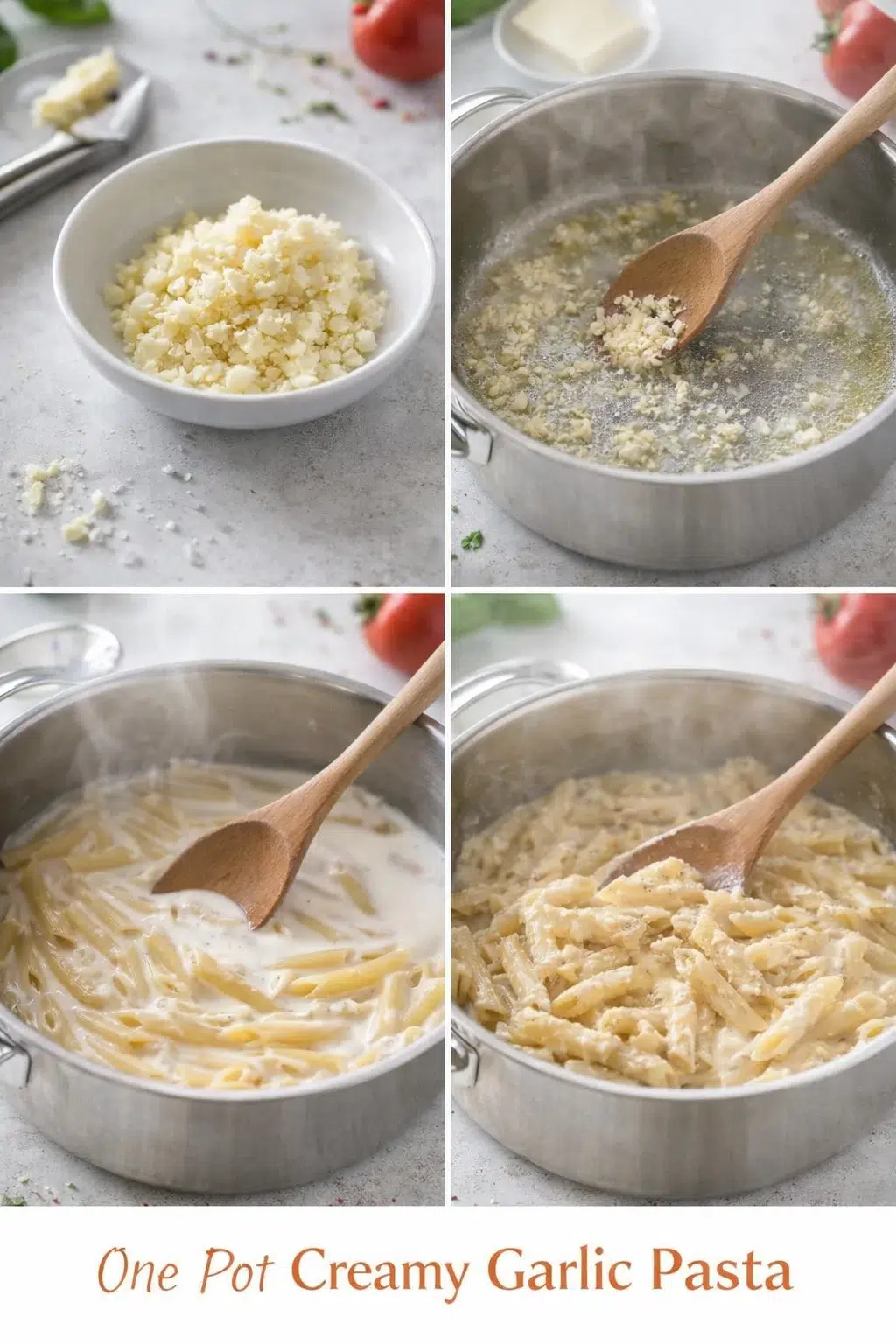 step-process-placeholder-1-4.png Minced garlic sautéing in butter or oil; pot of pasta covered with milk and water being stirred
