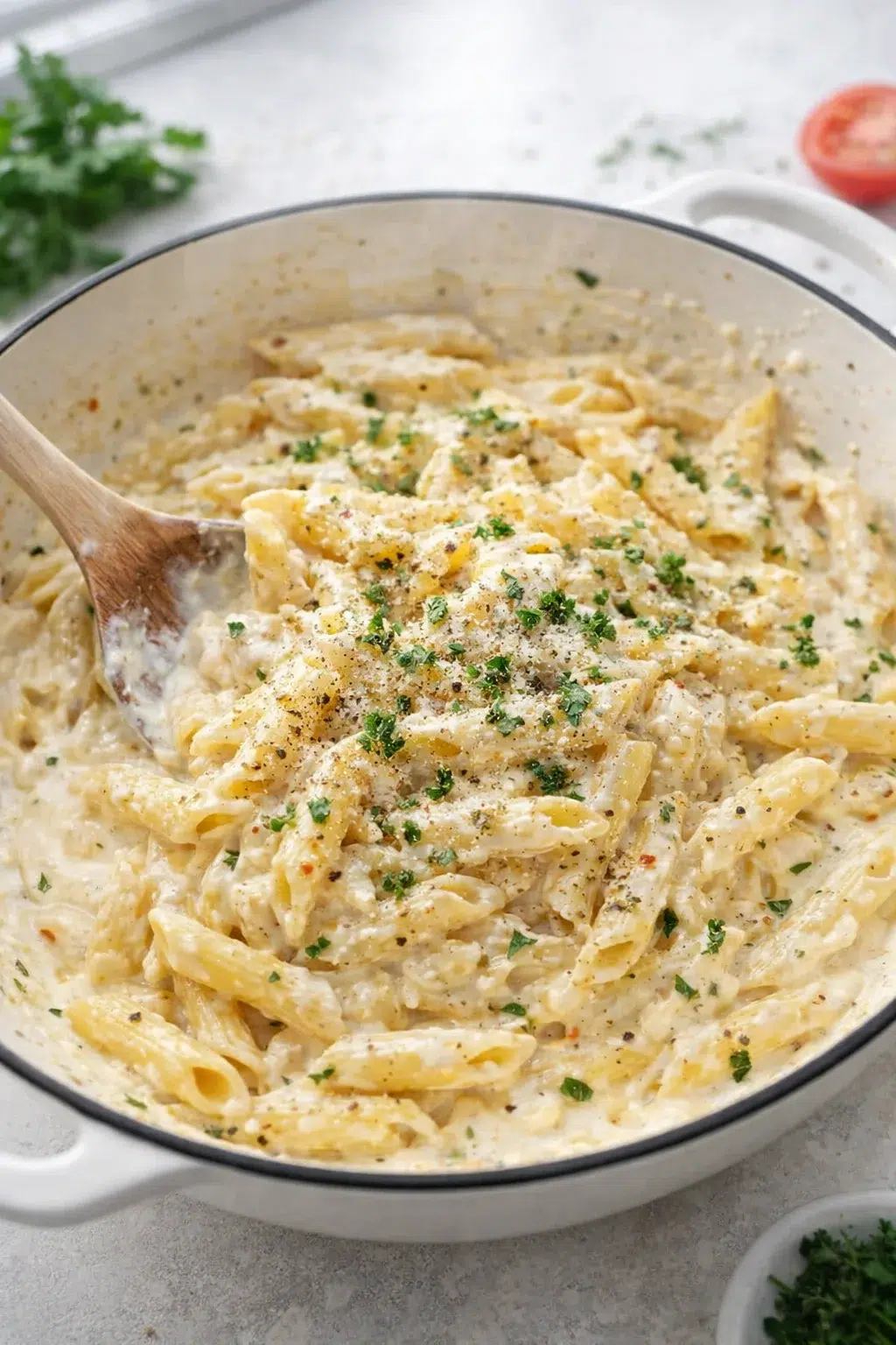 step-process-placeholder-5-7.png Parmesan grated and stirred into sauce, cream cheese folded in, chopped parsley sprinkled on top