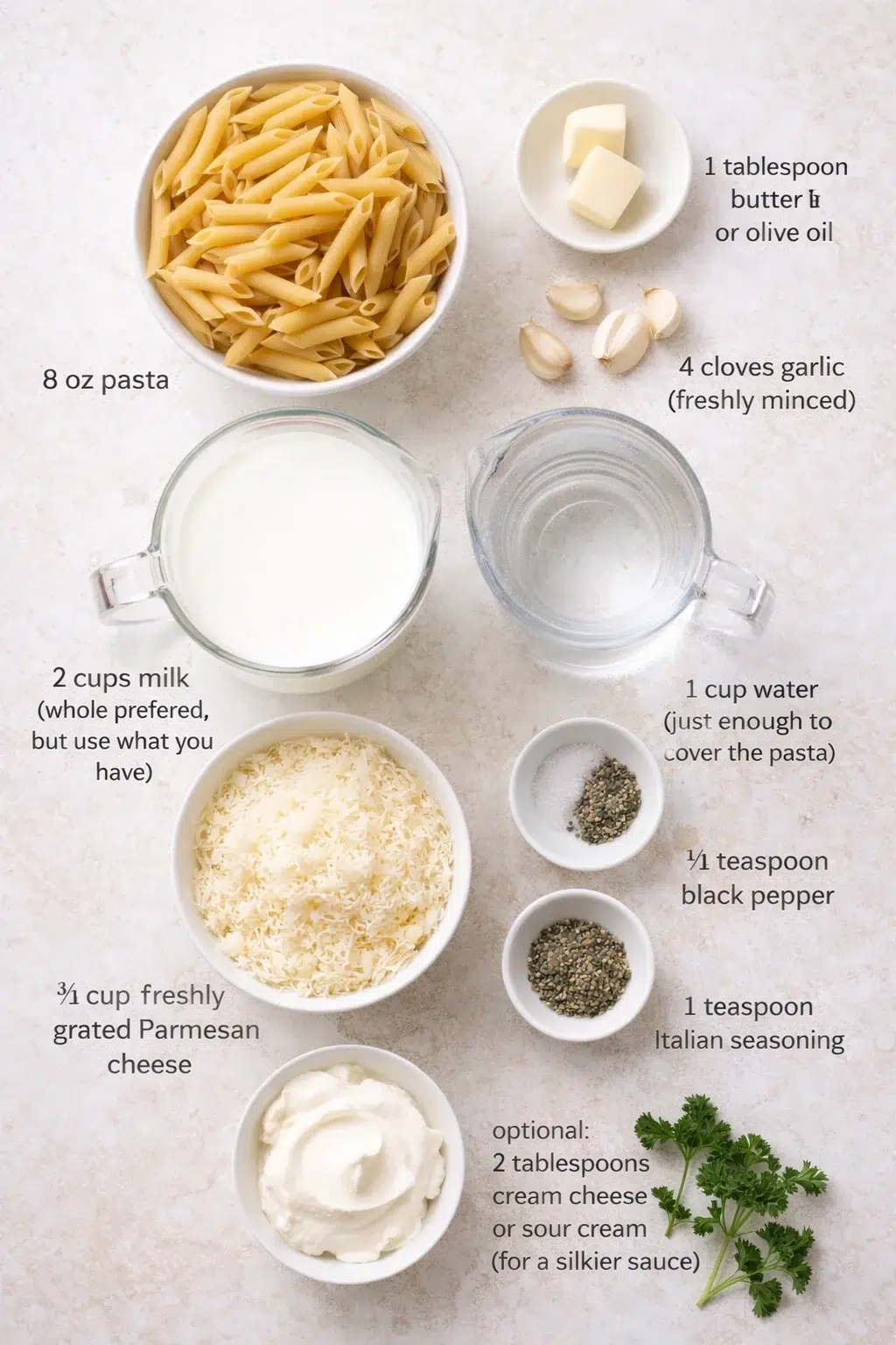 ingredients-placeholder.png Measured ingredients arranged for One Pot Creamy Garlic Pasta (Just 20 Minutes!): 8 oz pasta (choose spaghetti, linguine, or penne), 1 tablespoon butter or olive oil, 4 cloves garlic (freshly minced), 2 cups milk (whole