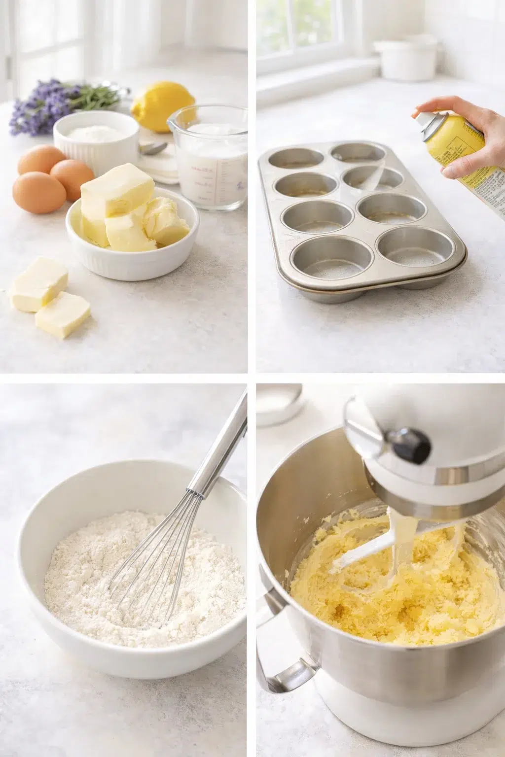 step-process-placeholder-1-4.png Room-temperature butter, eggs, sour cream, and milk set beside mixer; creamed butter-sugar-zest in bowl.
