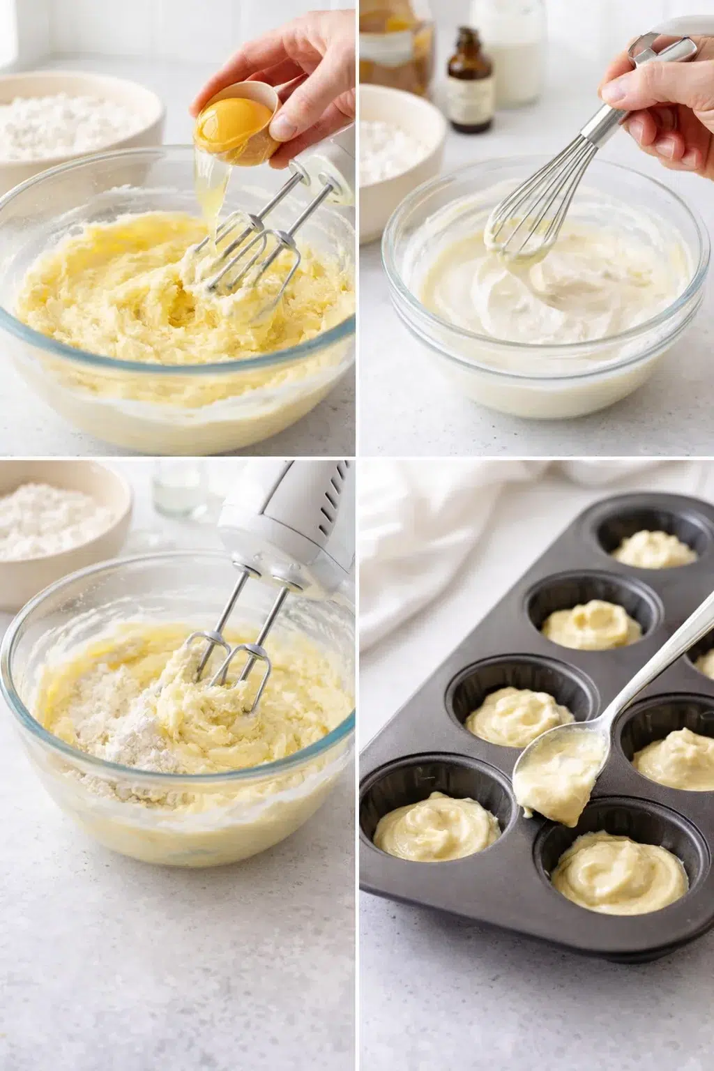 step-process-placeholder-5-8.png Beater adding eggs one at a time; small bowl of sour cream-milk-vanilla; spooning batter into greased mini pans.