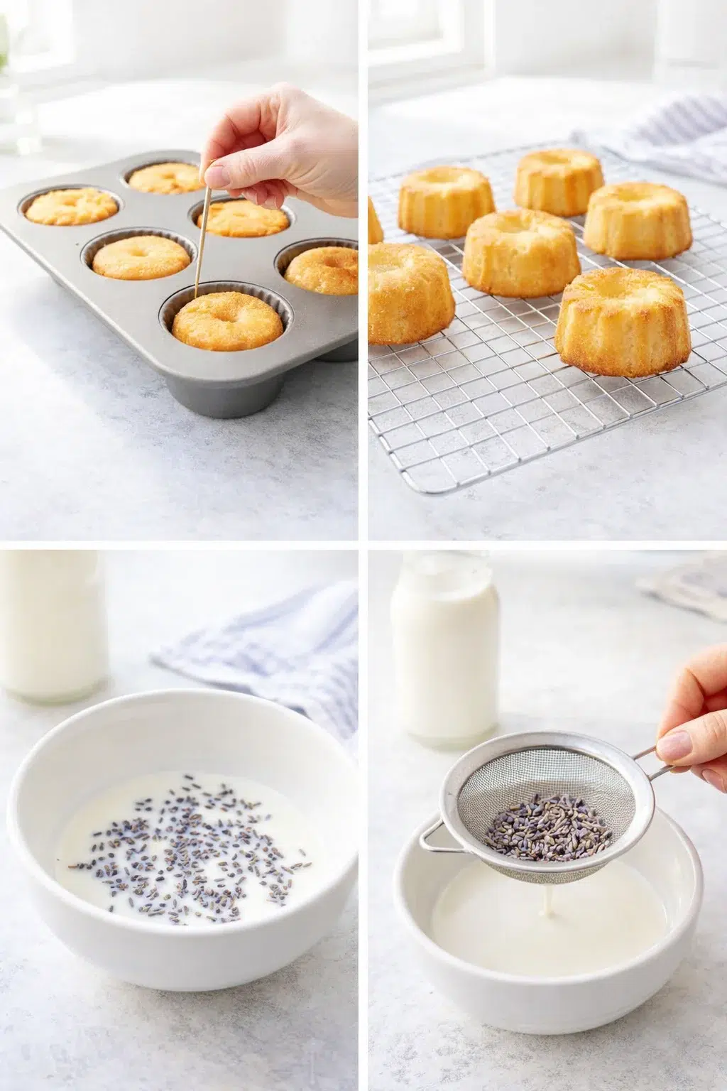 step-process-placeholder-9-12.png Baked mini cakes inverted on a wire rack cooling; hot milk steeping with lavender beside a fine-mesh sieve.