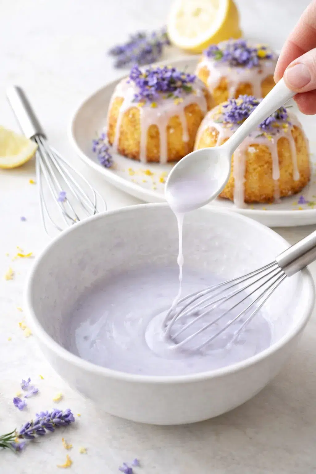 step-process-placeholder-13-15.png Thick lavender glaze whisked smooth and being drizzled over cooled mini cakes, topped with lemon zest and edible flowers.