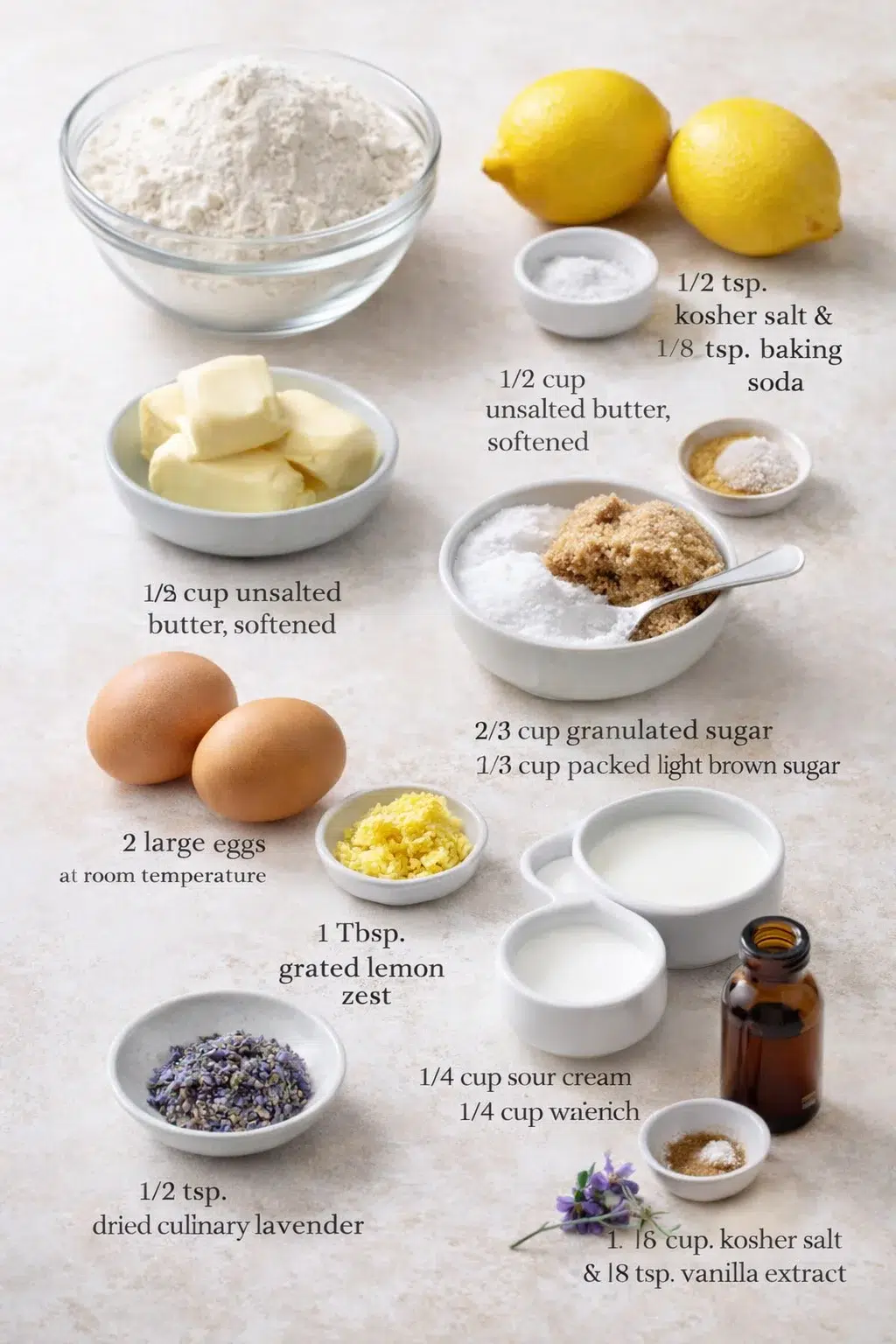 ingredients-placeholder.png Measured ingredients arranged for The Ultimate Mini Lemon Cakes with Lavender Glaze (Elegant & Easy!) – WiseRecipes: 1 1/3 cups all-purpose flour, 1/2 tsp. kosher salt & 1/8 tsp. baking soda, 1/2 cup unsalted butter, sof