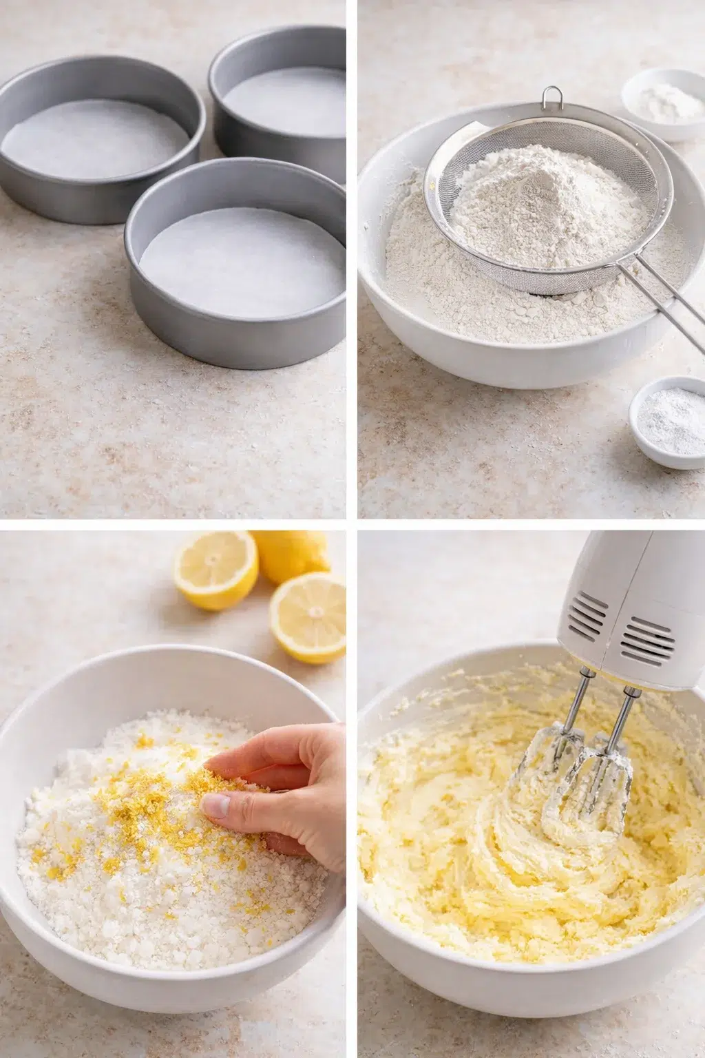 step-process-placeholder-1-4.png Stand mixer bowl with sugar and lemon zest being creamed into softened butter; lined cake pans nearby.