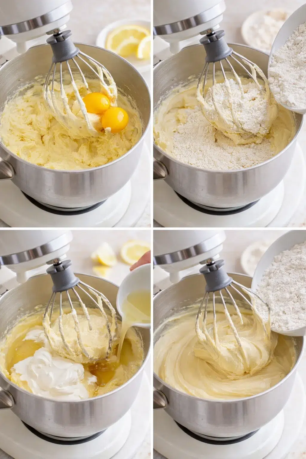 step-process-placeholder-5-8.png Mixer pouring eggs into batter as dry ingredients and sour cream are folded into smooth lemon batter.