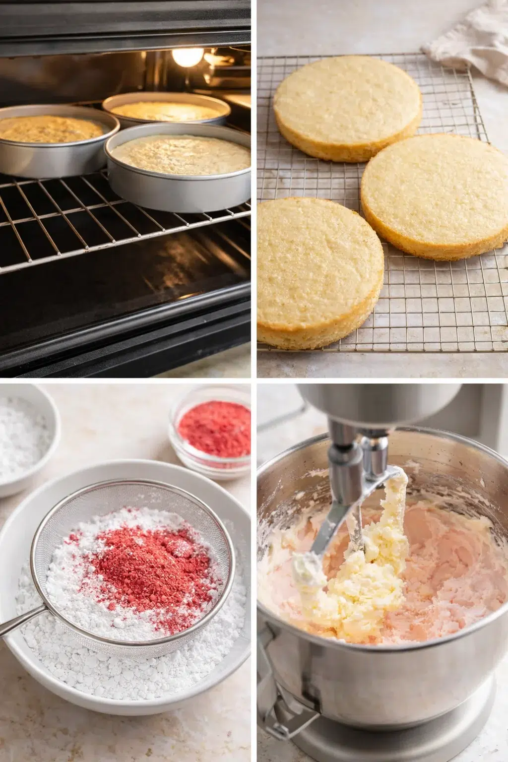 step-process-placeholder-9-12.png Three baked golden cake layers cooling on a wire rack beside pink strawberry powdered sugar and fluffy whipped butter.