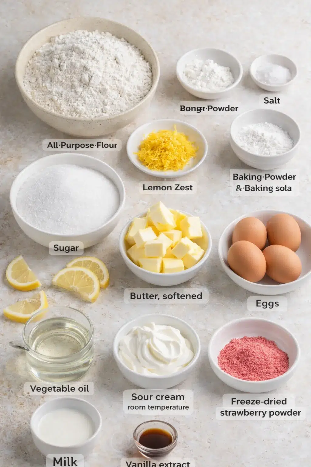 ingredients-placeholder.png Measured ingredients arranged for Strawberry Lemon Cake - Julie Marie Eats: all-purpose flour, cornstarch, baking powder, baking soda, salt, sugar