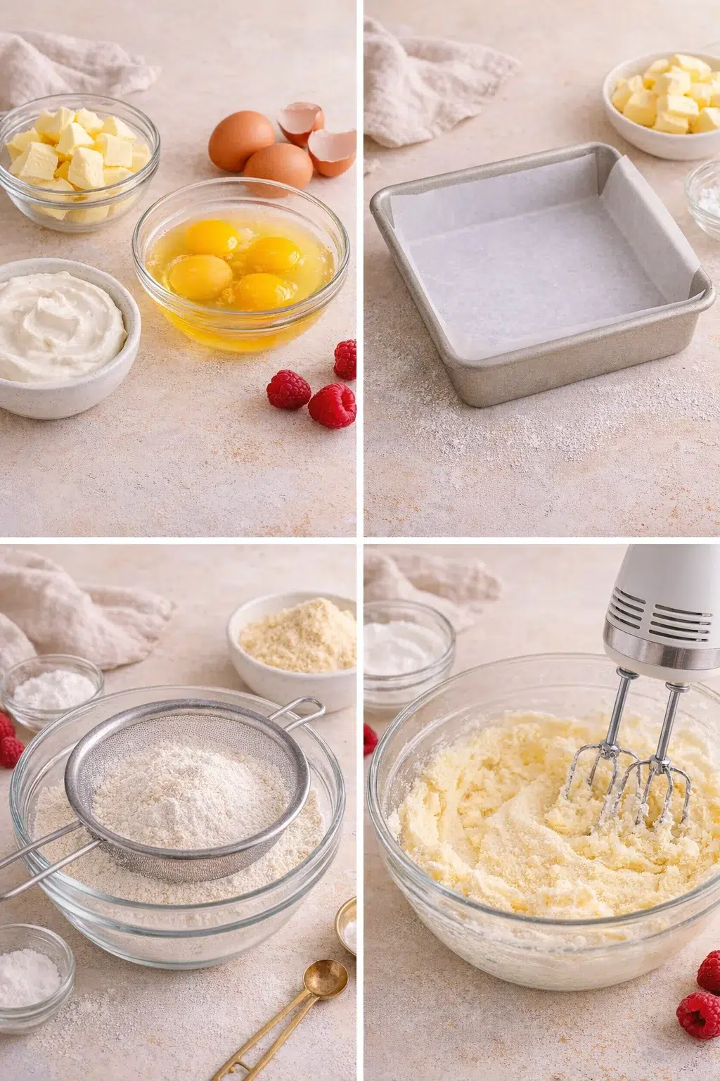 step-process-placeholder-1-4.png Electric mixer whipping softened butter and sugar; lined square pan and sifted flours on countertop
