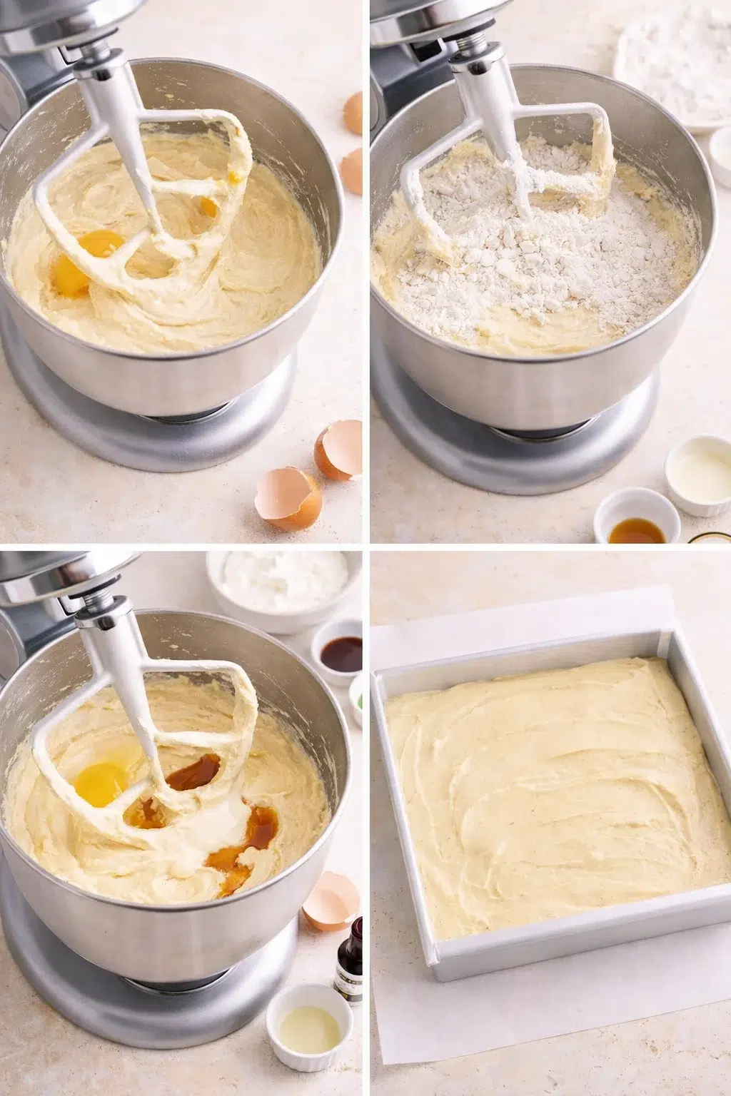 step-process-placeholder-5-8.png Smooth batter being poured into lined pan while a spatula smooths the top