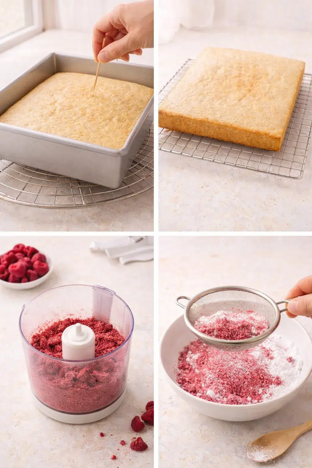 step-process-placeholder-9-12.png Golden cake cooling on wire rack beside sieve sifting powdered freeze-dried raspberries and sugar