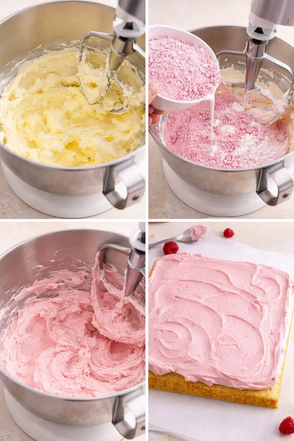 step-process-placeholder-13-16.png Pale pink raspberry buttercream whipped in bowl, then spread evenly over cooled cake