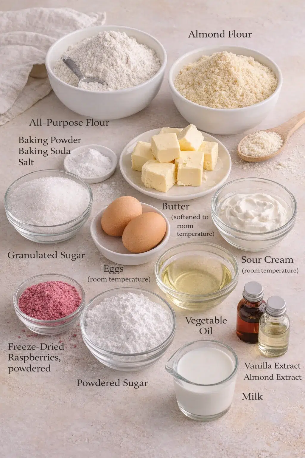 ingredients-placeholder.png Measured ingredients arranged for Almond Raspberry Cake - Julie Marie Eats: All-purpose flour, Almond flour, Baking powder, Baking soda, Salt, Butter, softened to room temperature (pull out 1–2 hours before baking)
