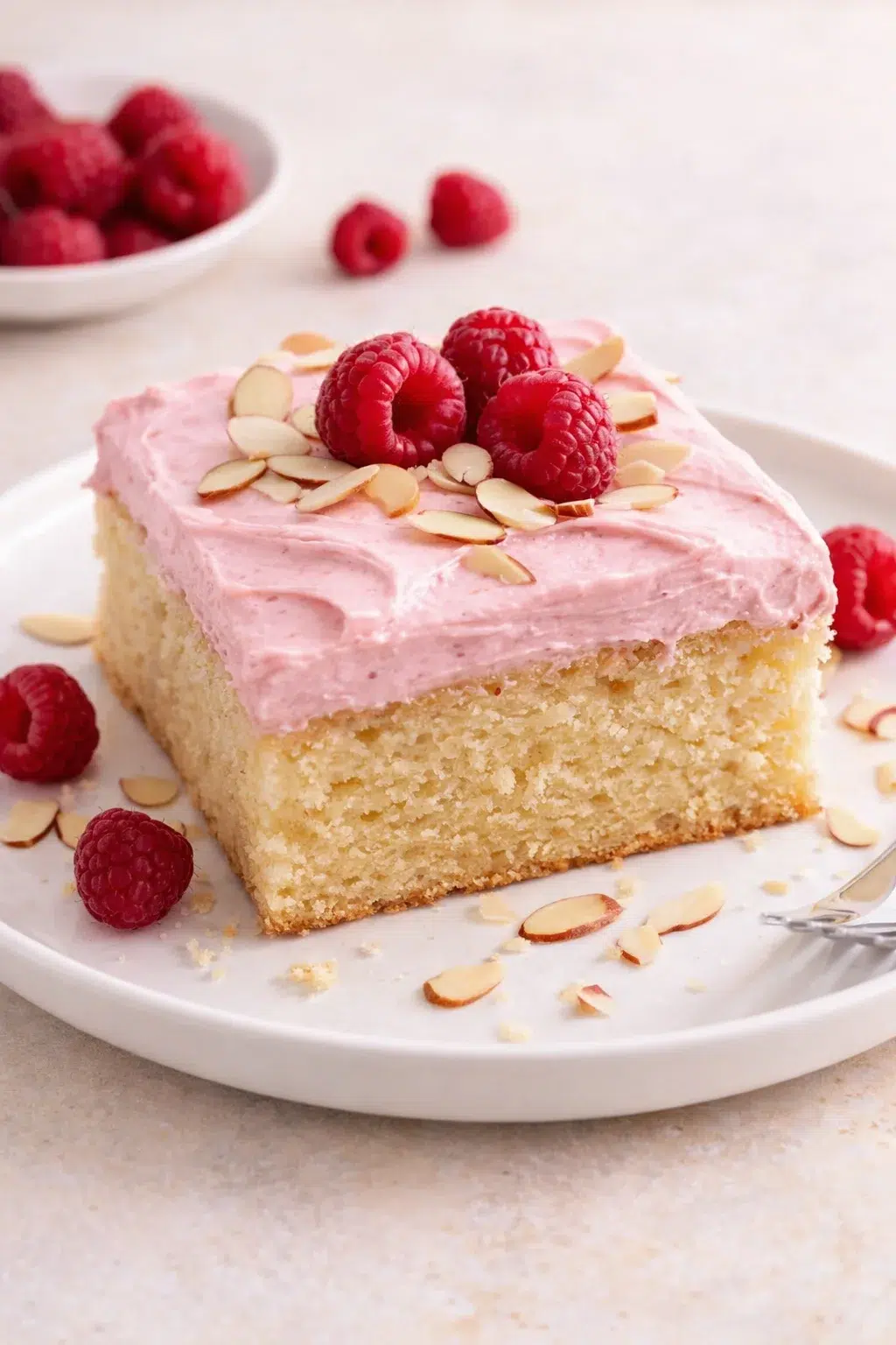 Final plated Almond Raspberry Cake - Julie Marie Eats served as a hero shot