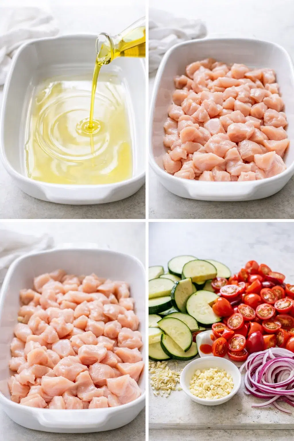 step-process-placeholder-1-4.png Greased baking dish beside chopped chicken, sliced zucchinis, halved cherry tomatoes, sliced red onion, minced garlic.
