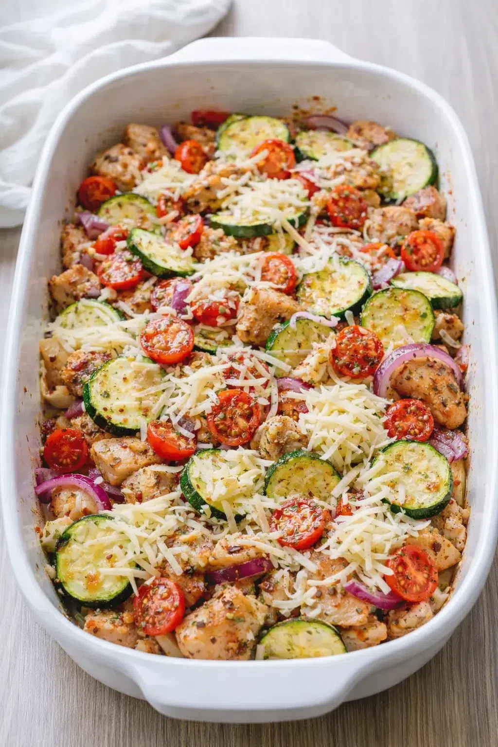 step-process-placeholder-5-8.png Seasoned chicken and vegetables tossed in bowl, spread evenly in dish, topped with shredded mozzarella and Parmesan.