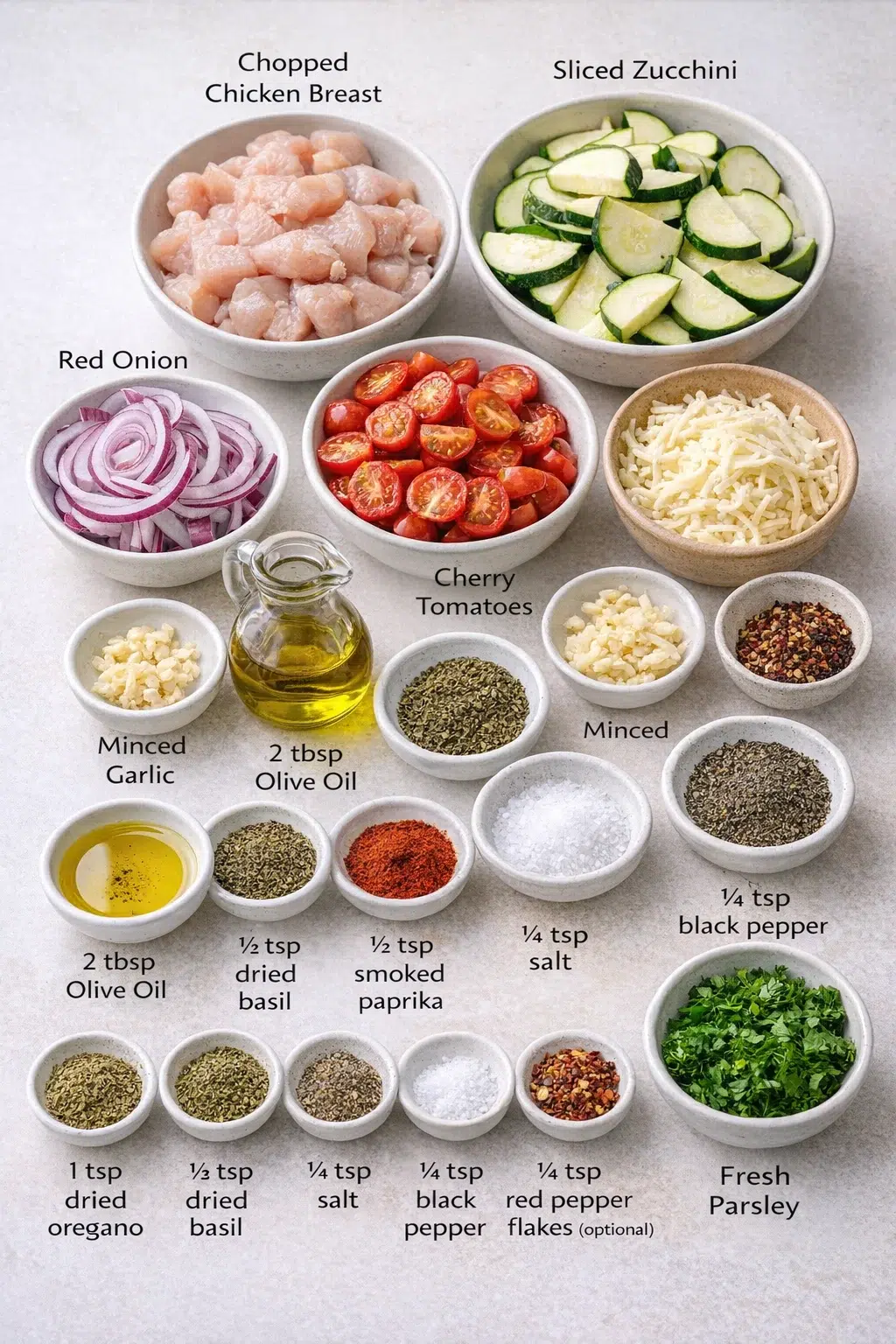 ingredients-placeholder.png Measured ingredients arranged for Best Mediterranean Chicken Zucchini Bake: 2 boneless, skinless chicken breasts, chopped into bite-size pieces, 2 medium zucchinis, sliced into half moons, 1 cup cherry tomatoes, halved,