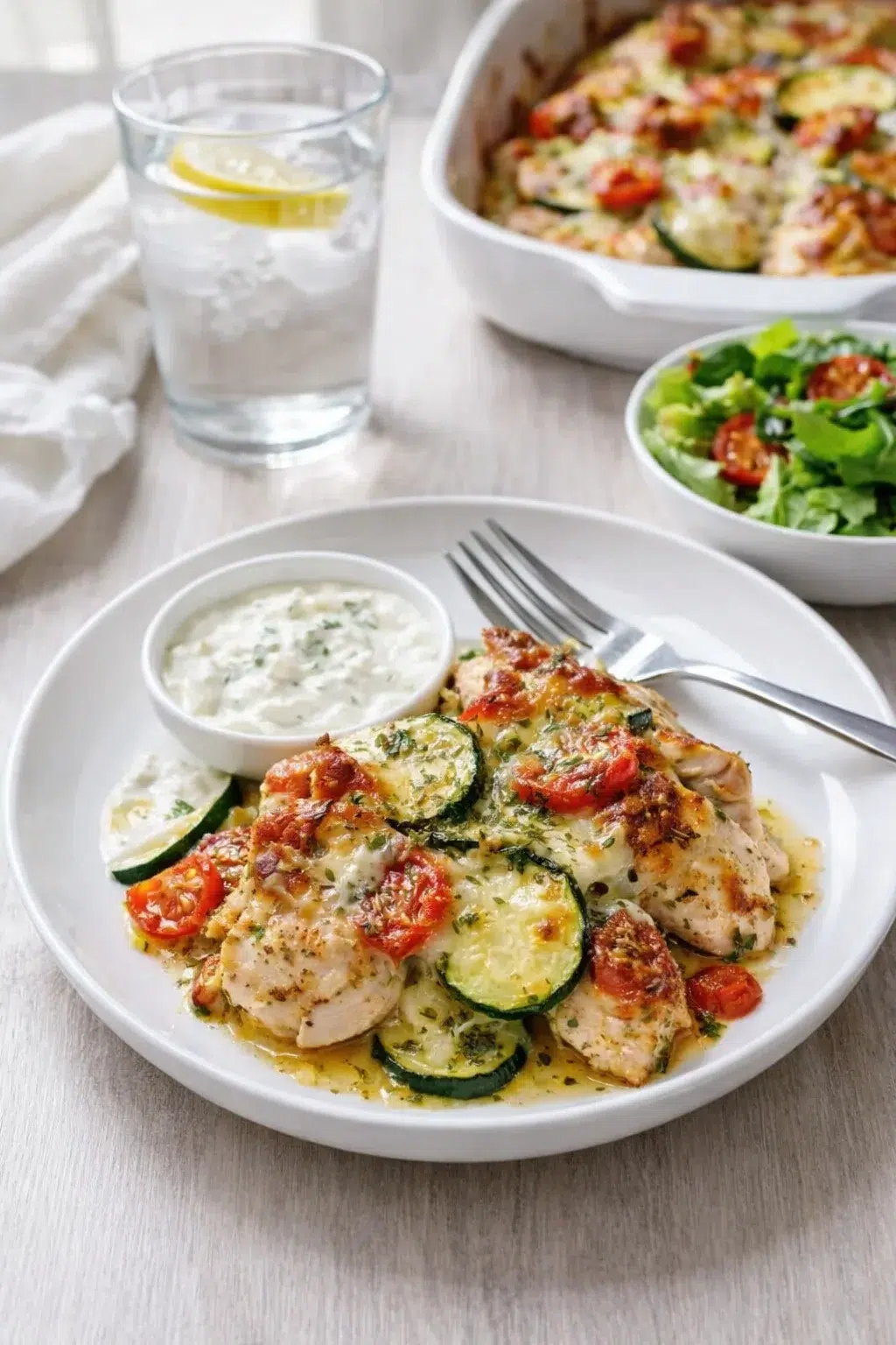 closing_final_dish-placeholder.png Alternative angle of Best Mediterranean Chicken Zucchini Bake served with a pairing