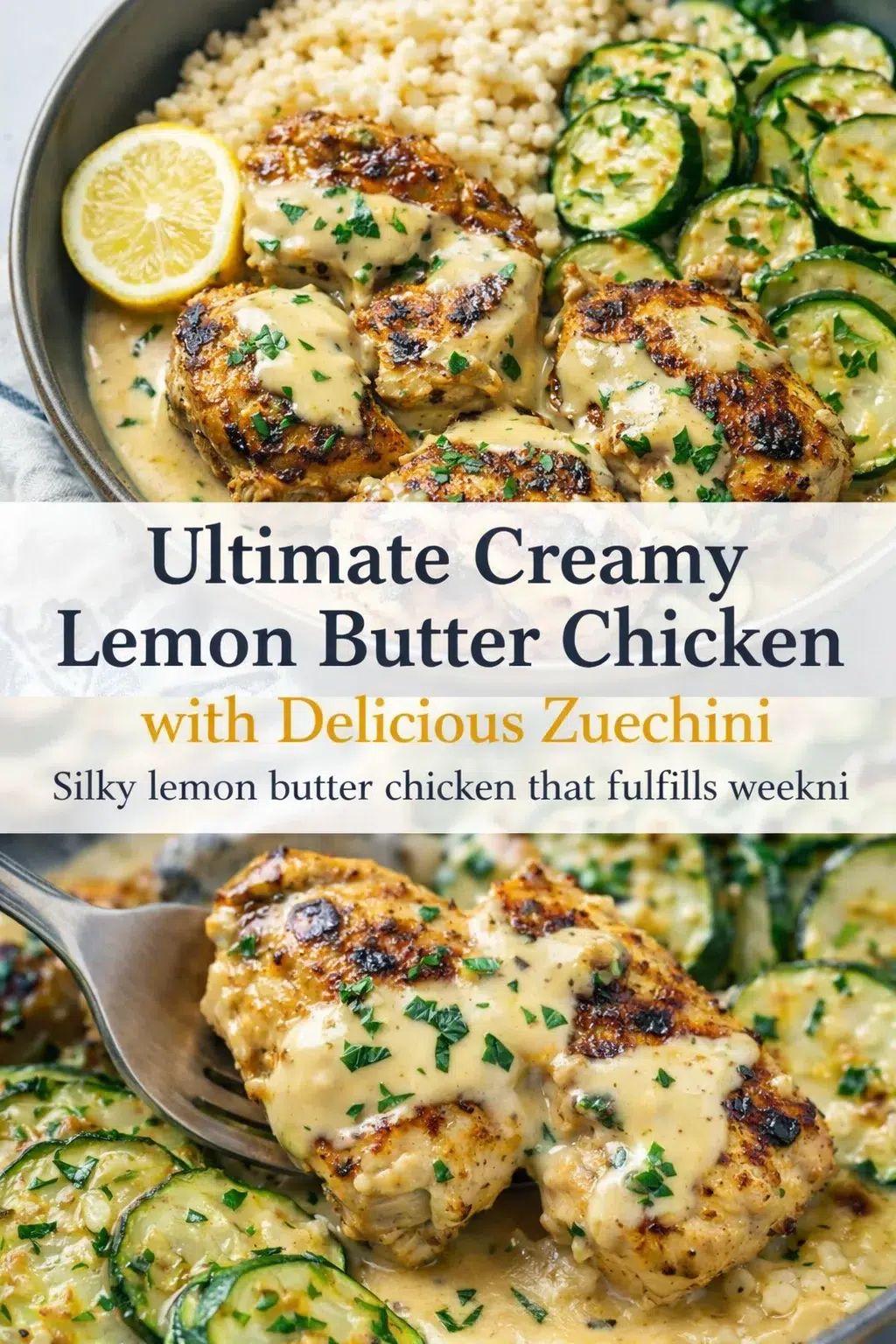 Pinterest-style image for Ultimate Creamy Lemon Butter Chicken with Delicious Zucchini with centered text overlay