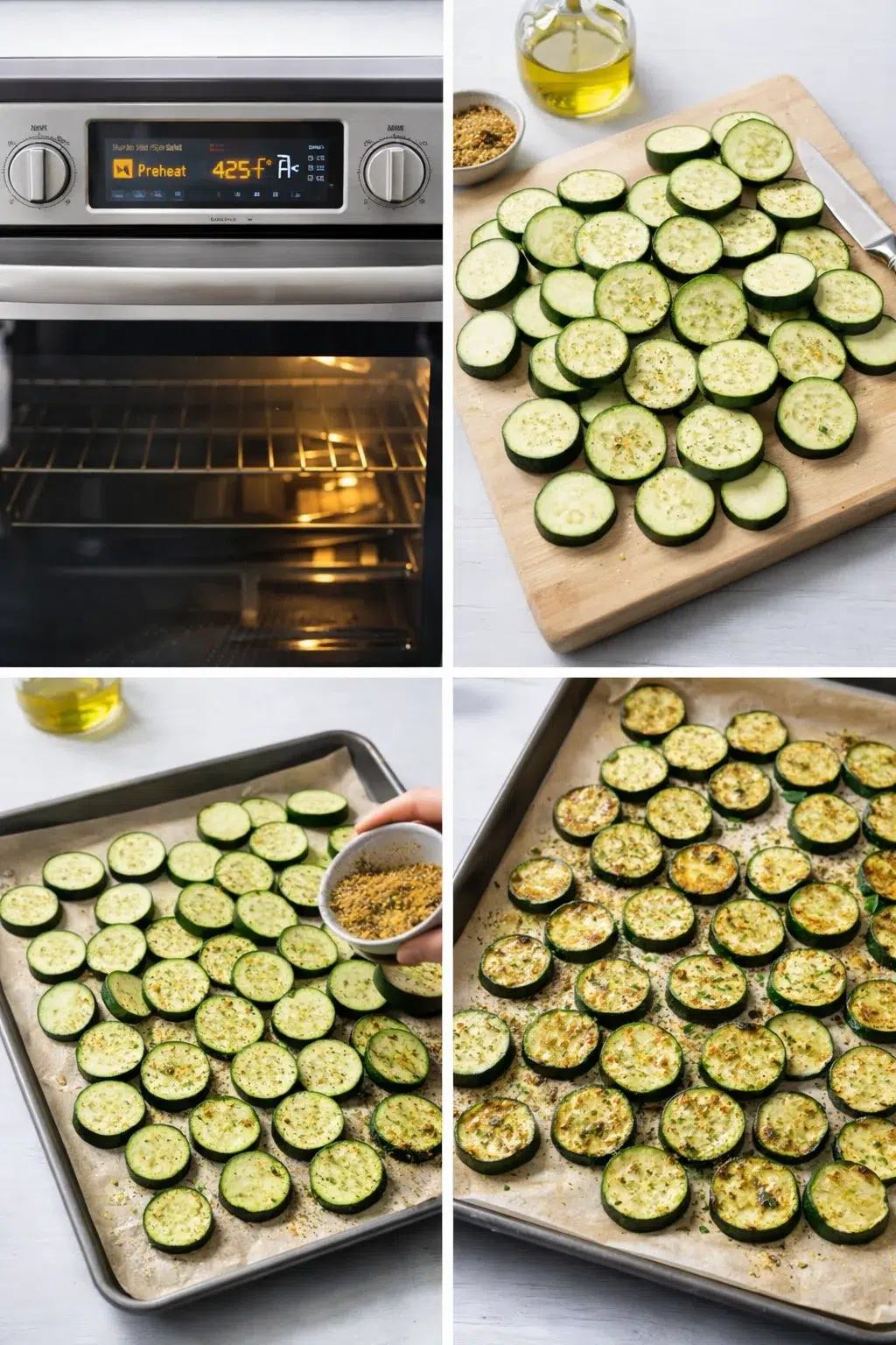 Roasted zucchini rounds on baking sheet, golden edges with visible oil and spice specks