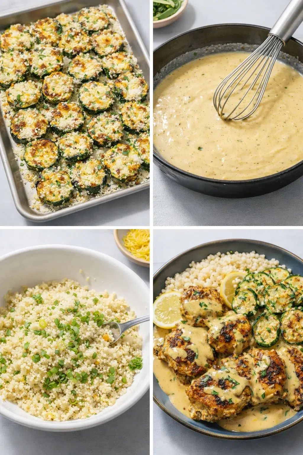 Plated chicken with broiled mozzarella-topped zucchini rounds, couscous, and sauce being drizzled