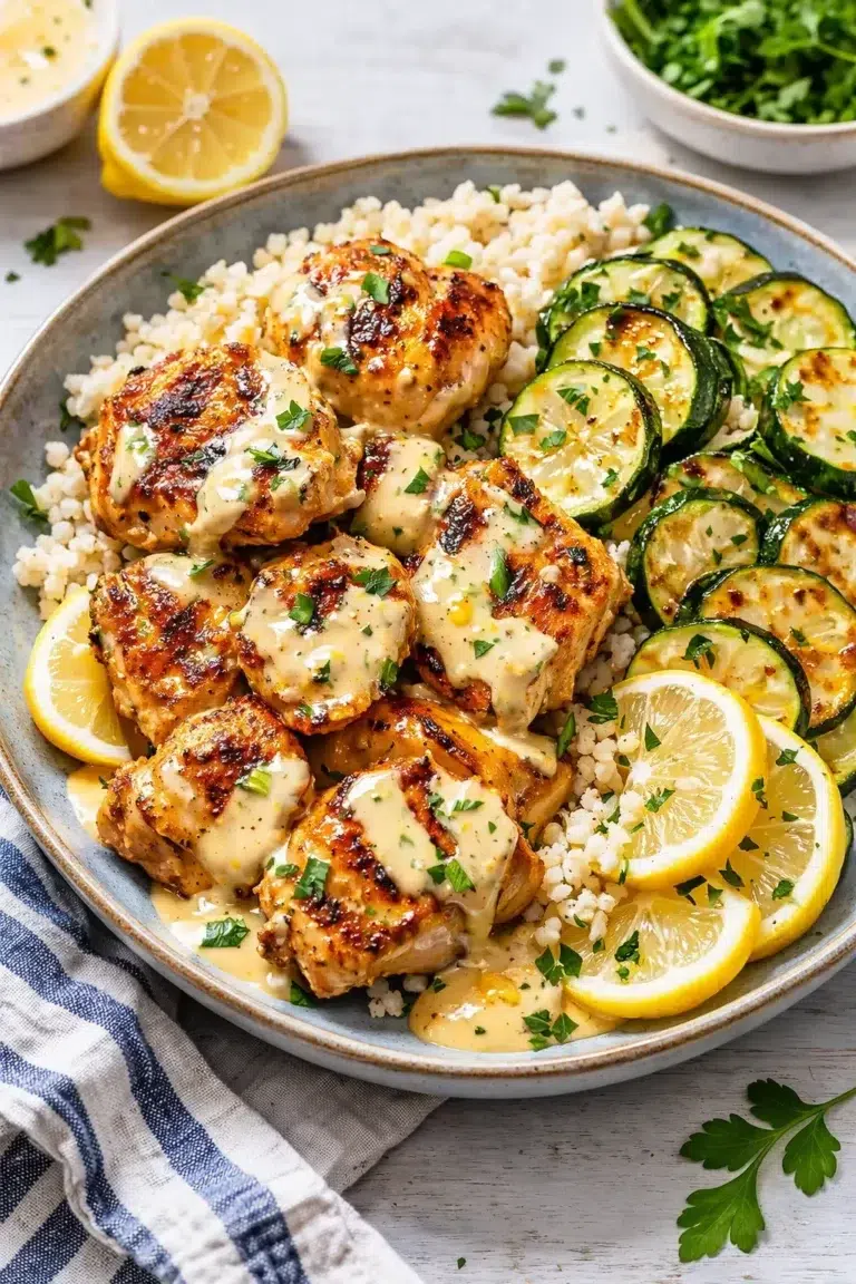 Final plated Ultimate Creamy Lemon Butter Chicken with Delicious Zucchini served as a hero shot