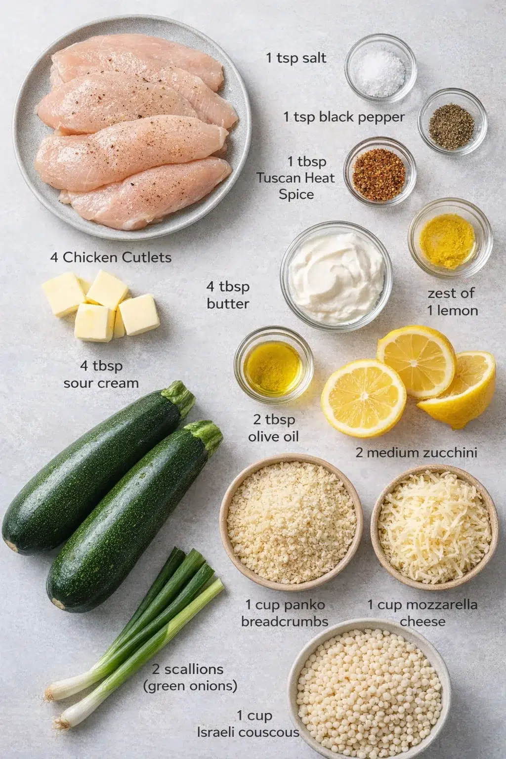 ingredients-placeholder.png Measured ingredients arranged for Ultimate Creamy Lemon Butter Chicken with Delicious Zucchini: 4 chicken cutlets, 1 teaspoon salt, 1 teaspoon black pepper, 1 tablespoon Tuscan Heat Spice, 4 tablespoons butter, 1 cup sou