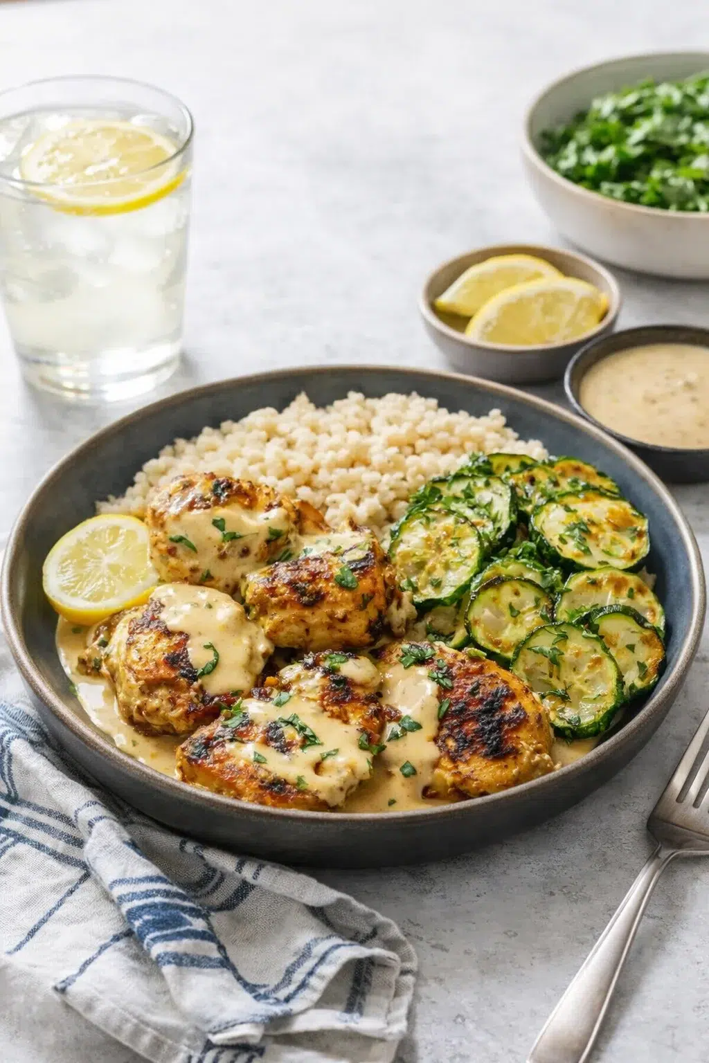 closing_final_dish-placeholder.png Alternative angle of Ultimate Creamy Lemon Butter Chicken with Delicious Zucchini served with a pairing