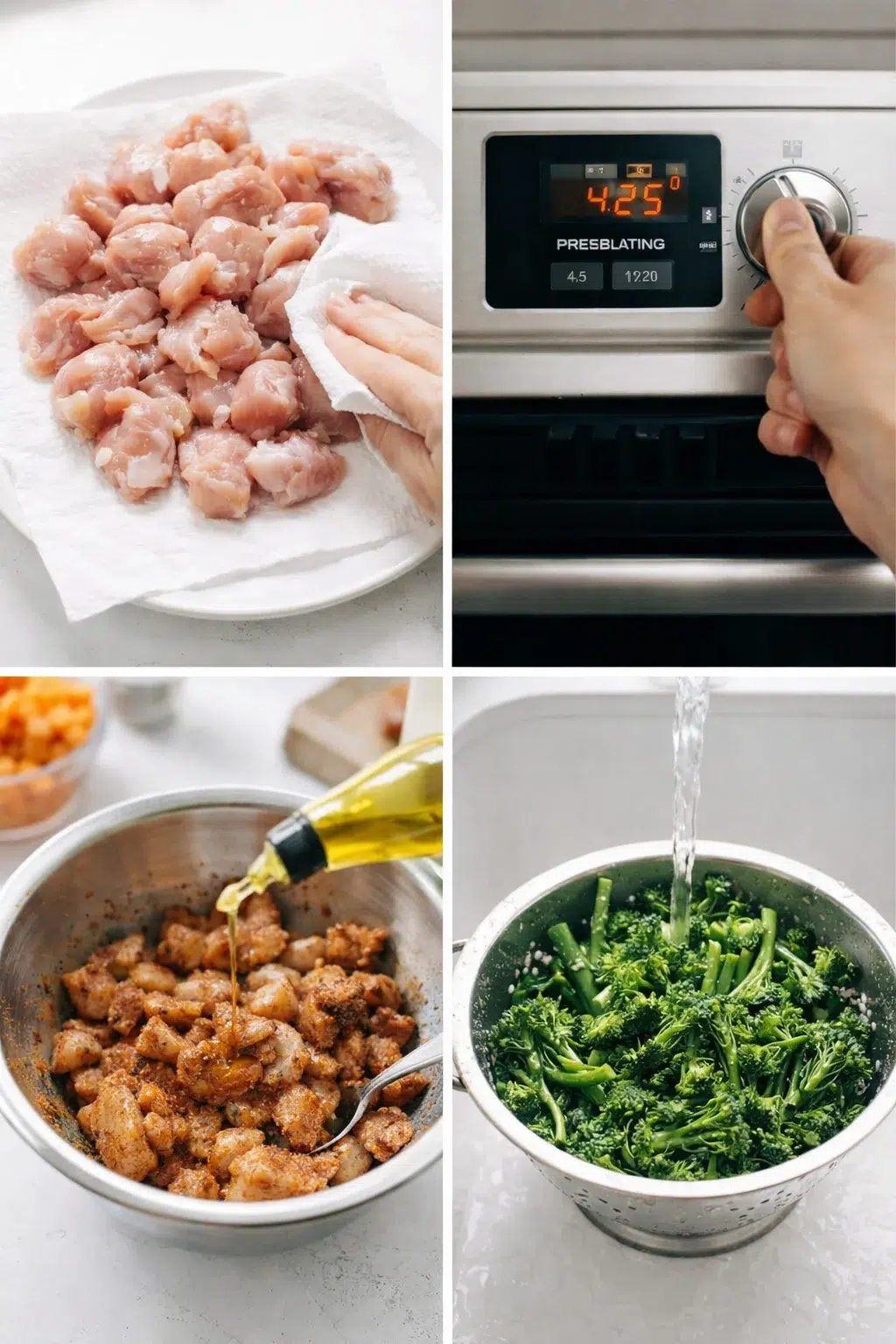 step-process-placeholder-1-4.png Hand rubbing seasoning onto raw chicken pieces beside chopped broccolini on cutting board.