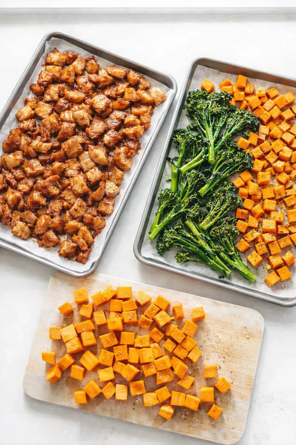 step-process-placeholder-5-8.png Sheet pans arranged with cubed sweet potatoes and broccolini drizzled in oil and seasoning.