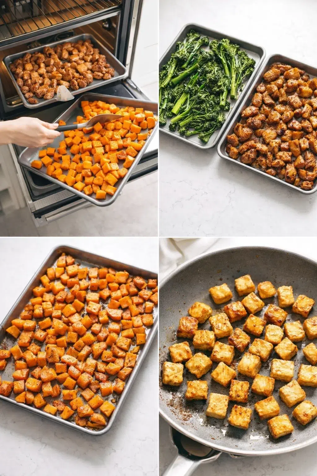 step-process-placeholder-9-12.png Hands stirring caramelized sweet potatoes on a sheet pan while cooked chicken rests nearby.