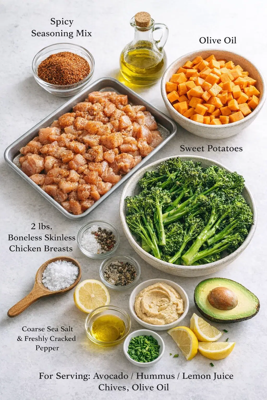 ingredients-placeholder.png Measured ingredients arranged for Sheet Pan Chicken and Sweet Potato Meal Prep: 2 lbs. boneless skinless chicken breasts, cut into bite-sized pieces, 3 tablespoons spicy seasoning mix, a few tablespoons of olive oil, 3 s