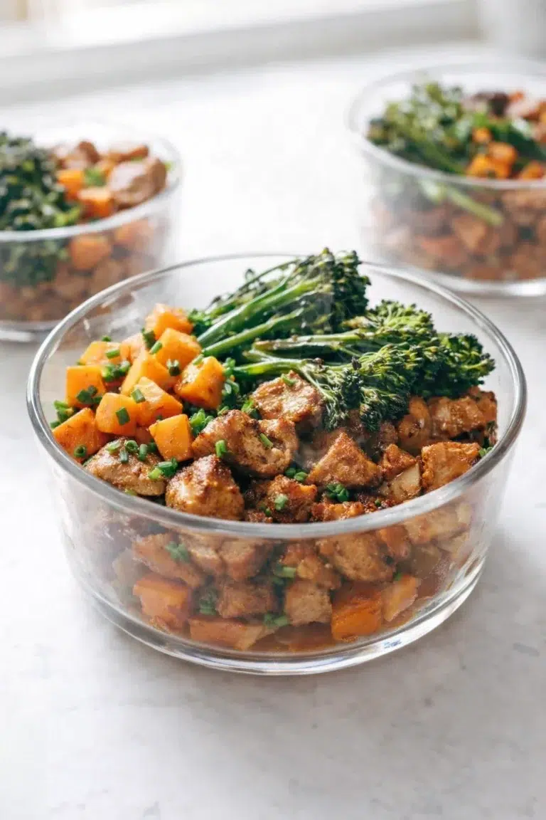 Final plated Sheet Pan Chicken and Sweet Potato Meal Prep served as a hero shot
