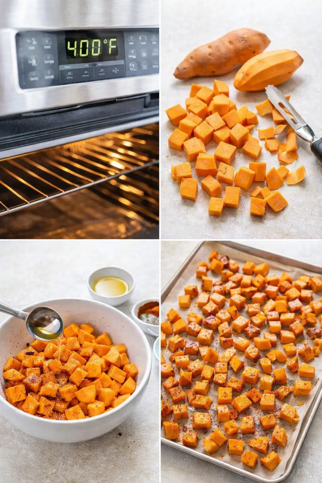 step-process-placeholder-1-4.png Diced sweet potato cubes tossed with oil and spices in a large mixing bowl.