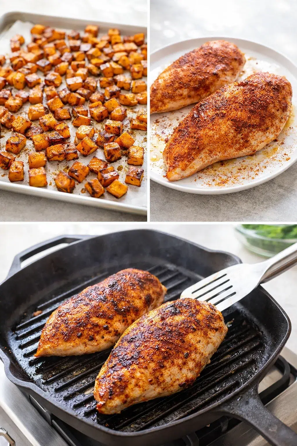 step-process-placeholder-5-8.png Seasoned chicken breasts searing in a hot grill pan, developing a golden browned crust.