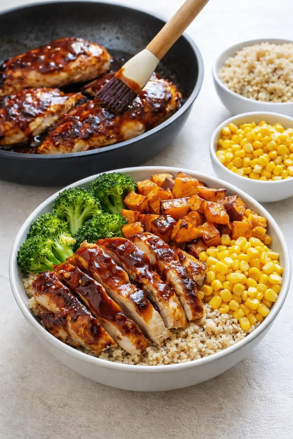 step-process-placeholder-9-12.png BBQ-glazed chicken strips resting on a cutting board beside a bowl of cooked quinoa and corn.