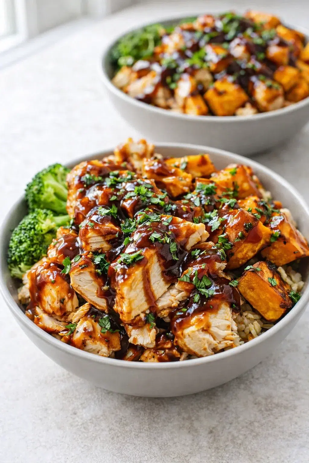 step-process-placeholder-17-17.png Final bowl being drizzled with BBQ sauce and sprinkled with chopped cilantro.