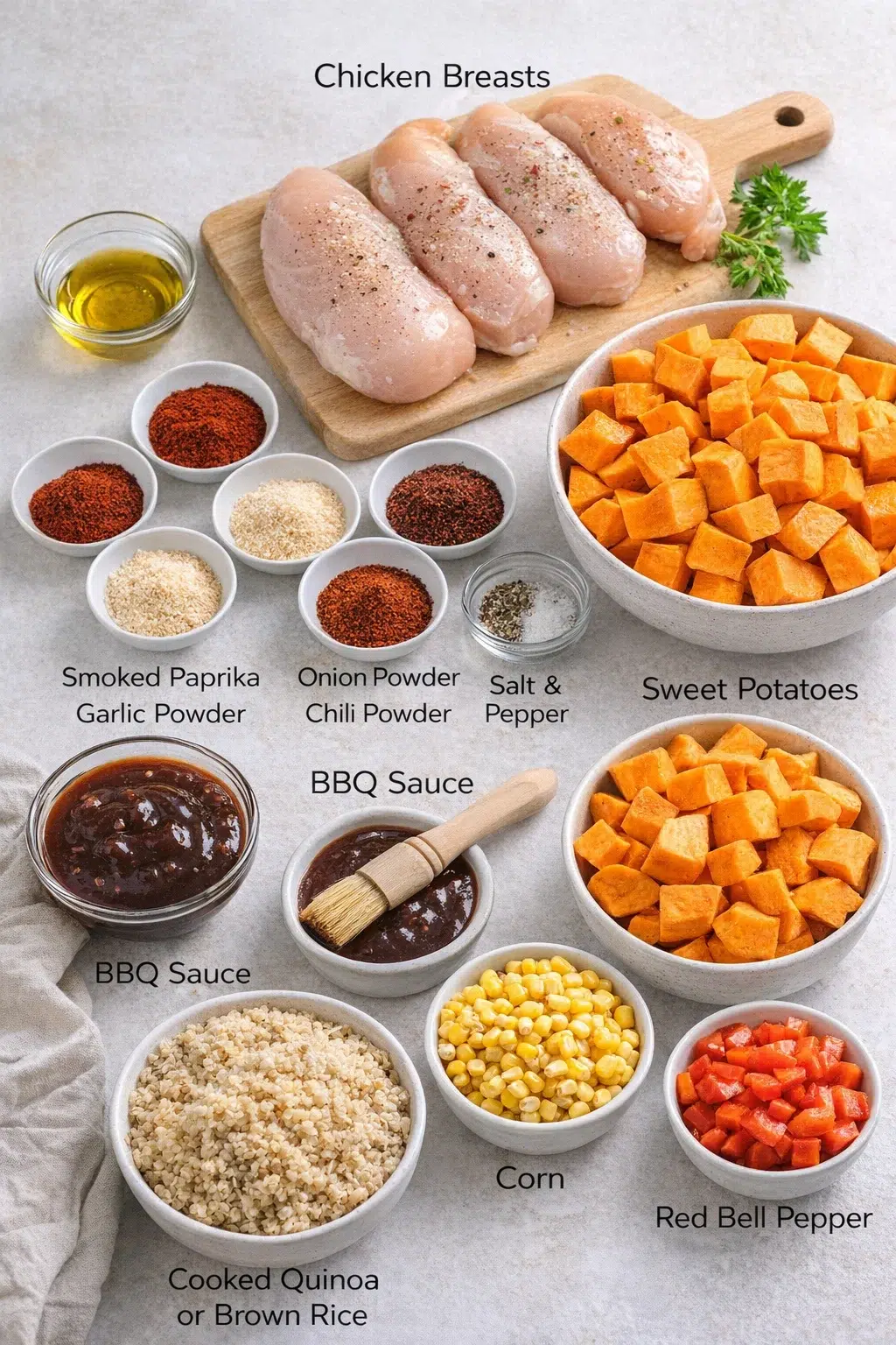 ingredients-placeholder.png Measured ingredients arranged for BBQ Chicken & Roasted Sweet Potato Bowls: 4 boneless, skinless chicken breasts, 1 tablespoon olive oil, 1 teaspoon smoked paprika, 1 teaspoon garlic powder, 1 teaspoon onion powder, 1 te