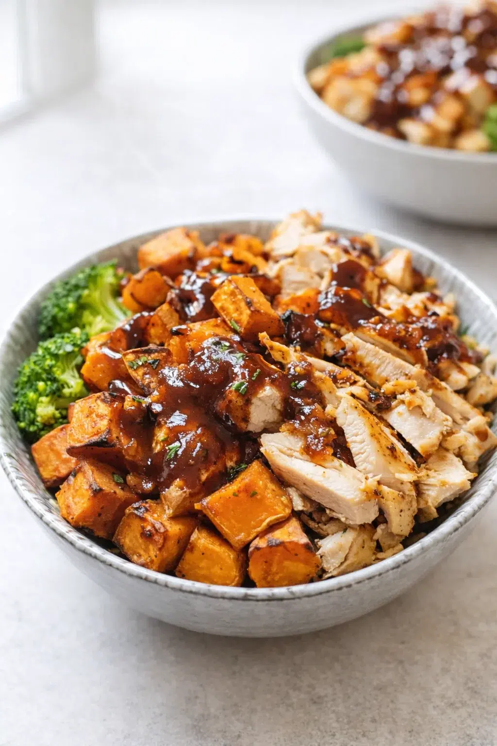 Final plated BBQ Chicken & Roasted Sweet Potato Bowls served as a hero shot
