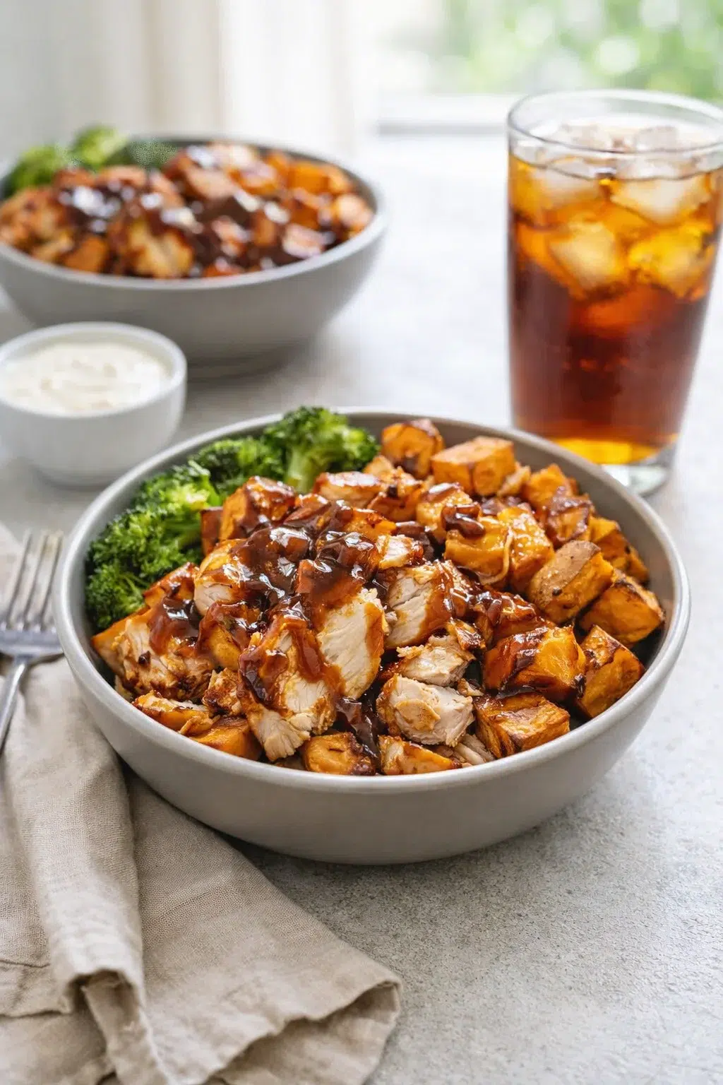 closing_final_dish-placeholder.png Alternative angle of BBQ Chicken & Roasted Sweet Potato Bowls served with a pairing