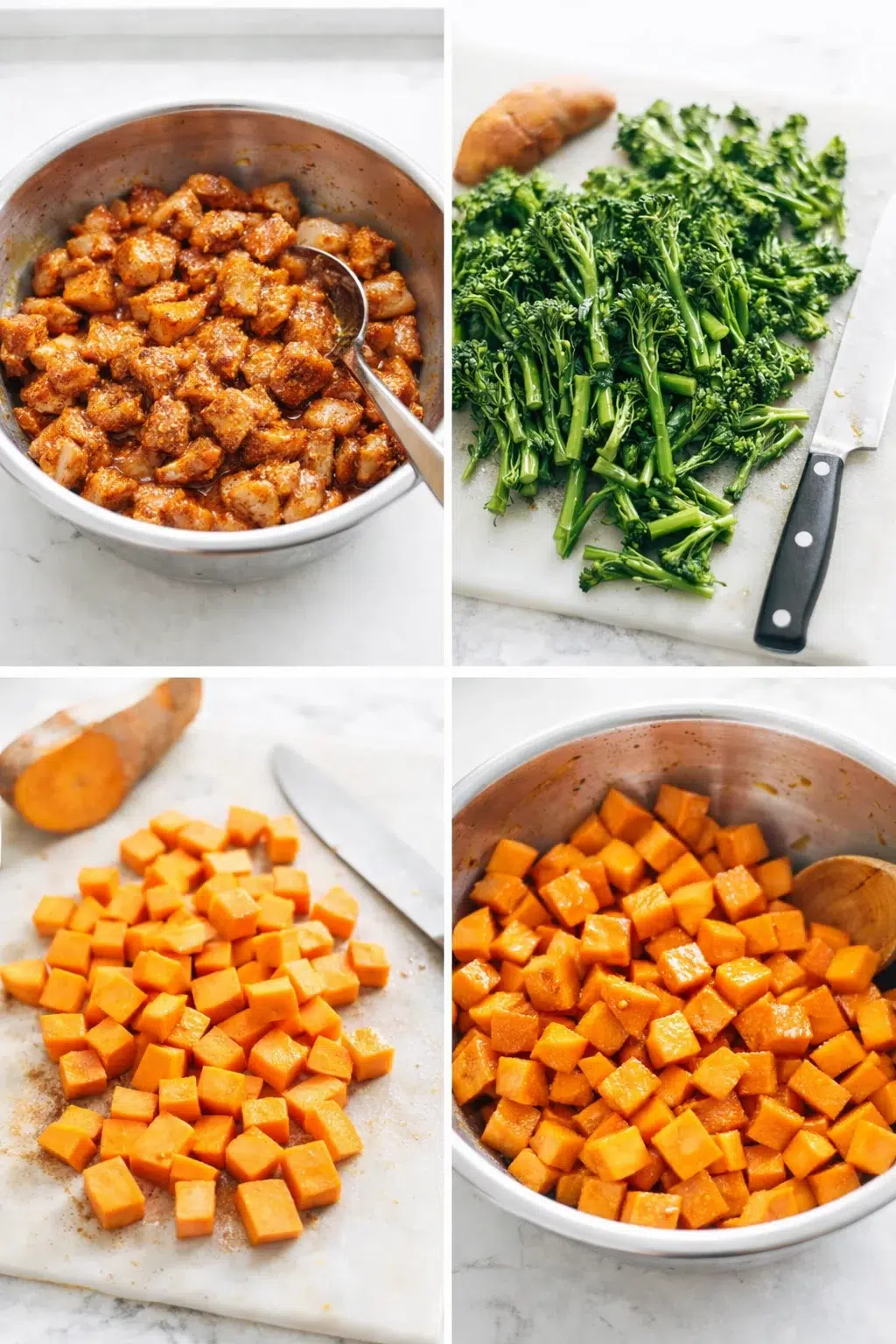 step-process-placeholder-1-4.png Hands tossing chicken in Cajun oil next to chopped broccolini and cubed sweet potatoes