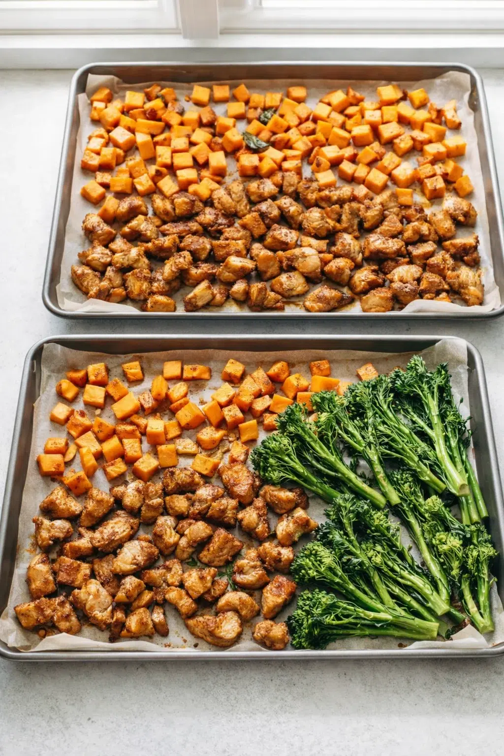 step-process-placeholder-5-8.png Two parchment-lined sheet pans with sweet potatoes roasting, chicken added, broccolini tossed near end