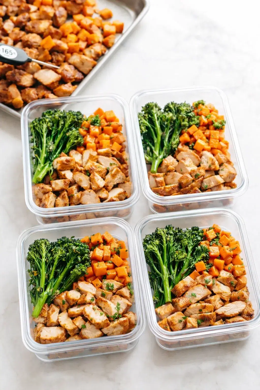 step-process-placeholder-9-11.png Golden roasted sweet potatoes and sliced chicken resting, portions being packed into airtight meal-prep containers