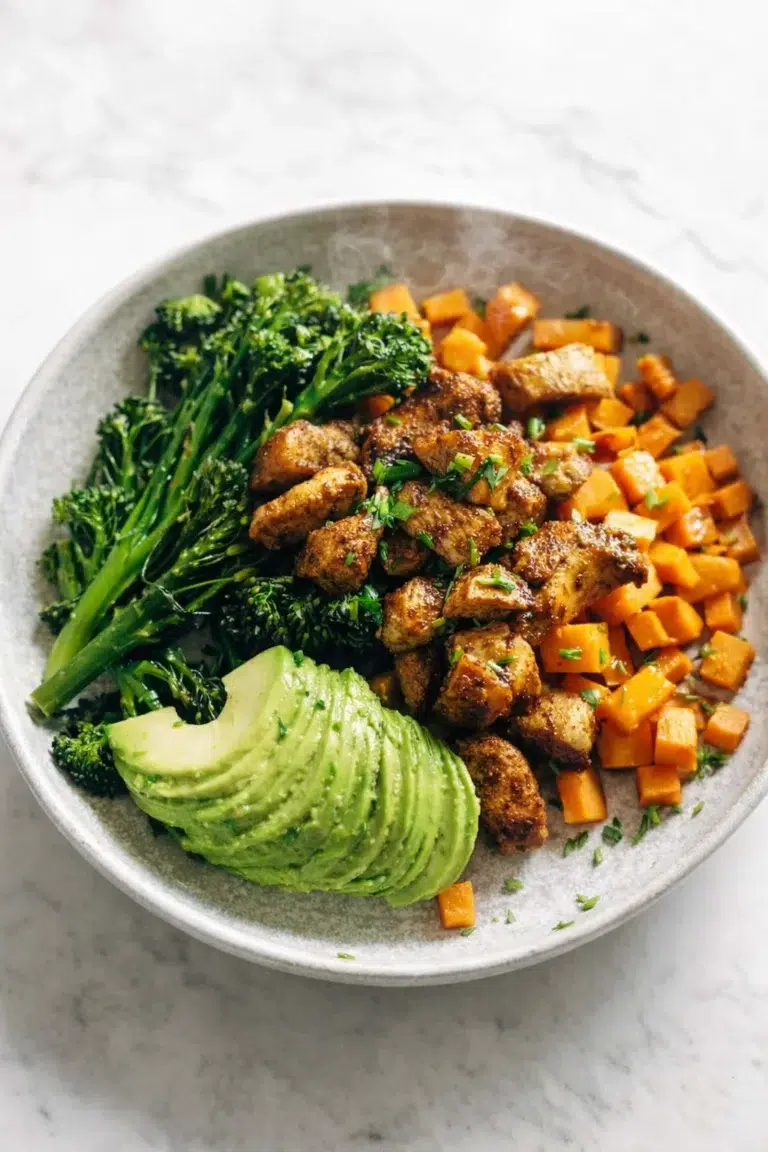 Final plated Sheet Pan Chicken and Sweet Potato Meal Prep served as a hero shot