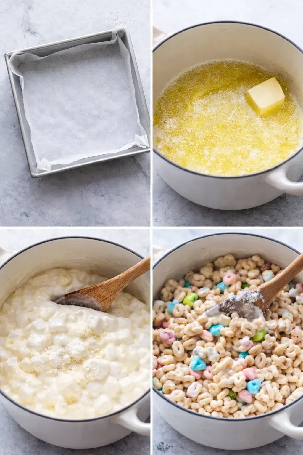 step-process-placeholder-1-4.png Large pot with melted butter and marshmallows being stirred while parchment-lined pan and cereal sit nearby