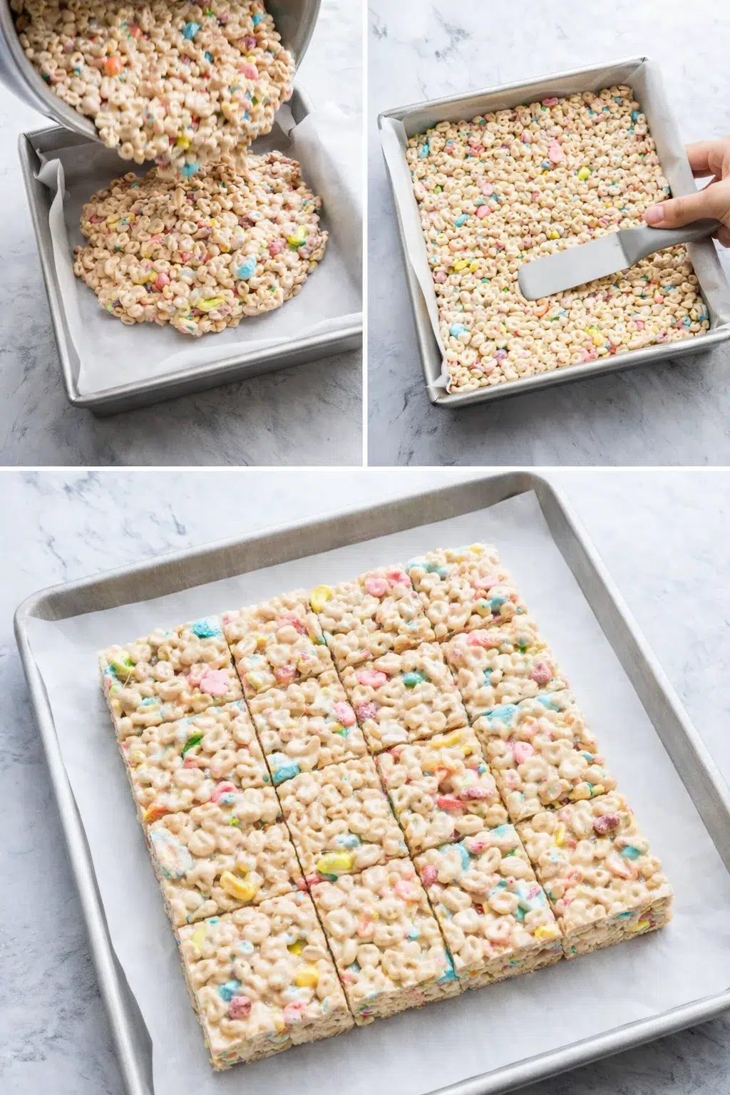 step-process-placeholder-5-8.png Sticky cereal-and-marshmallow mixture being pressed evenly into parchment-lined pan with a greased flat spatula
